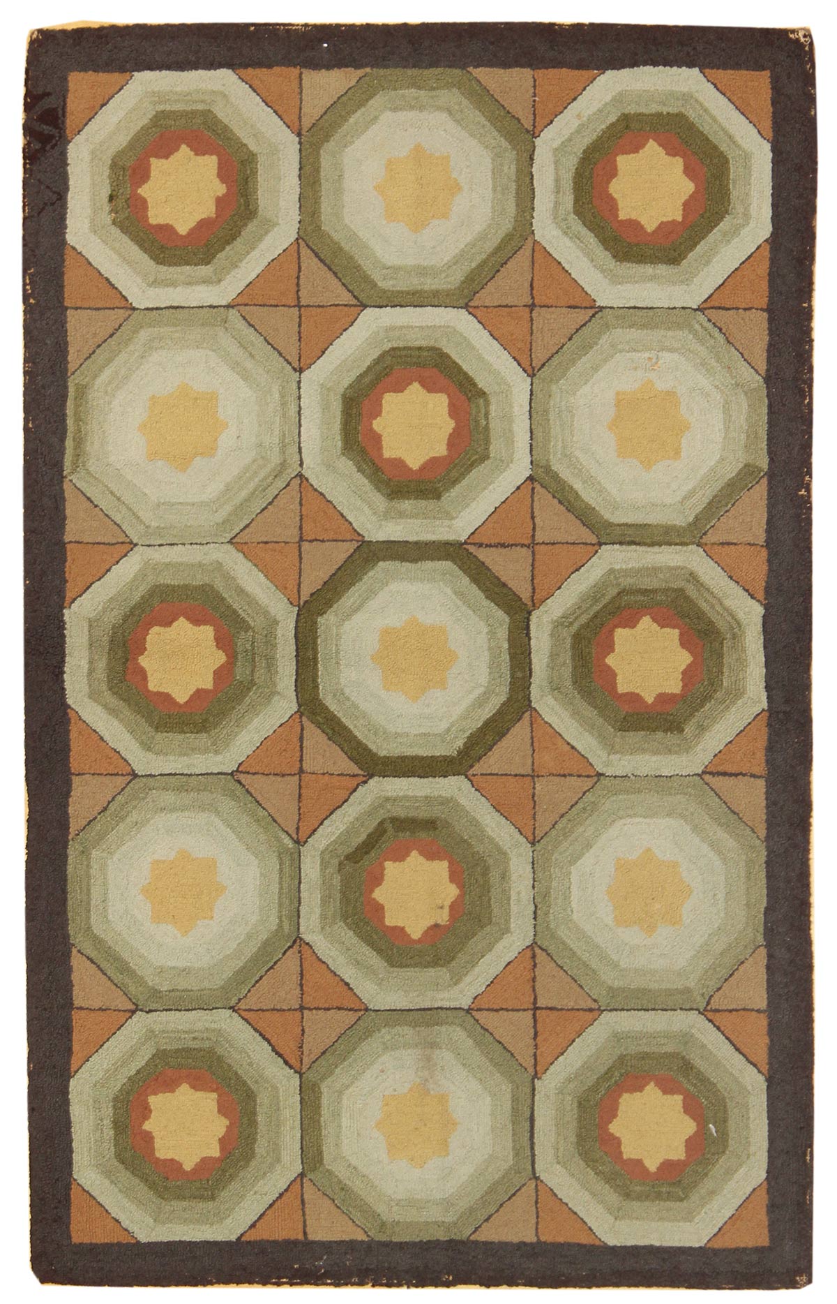 Antique American hooked rug, JF6542, handwoven contemporary design with octagonal pattern in earth tones.