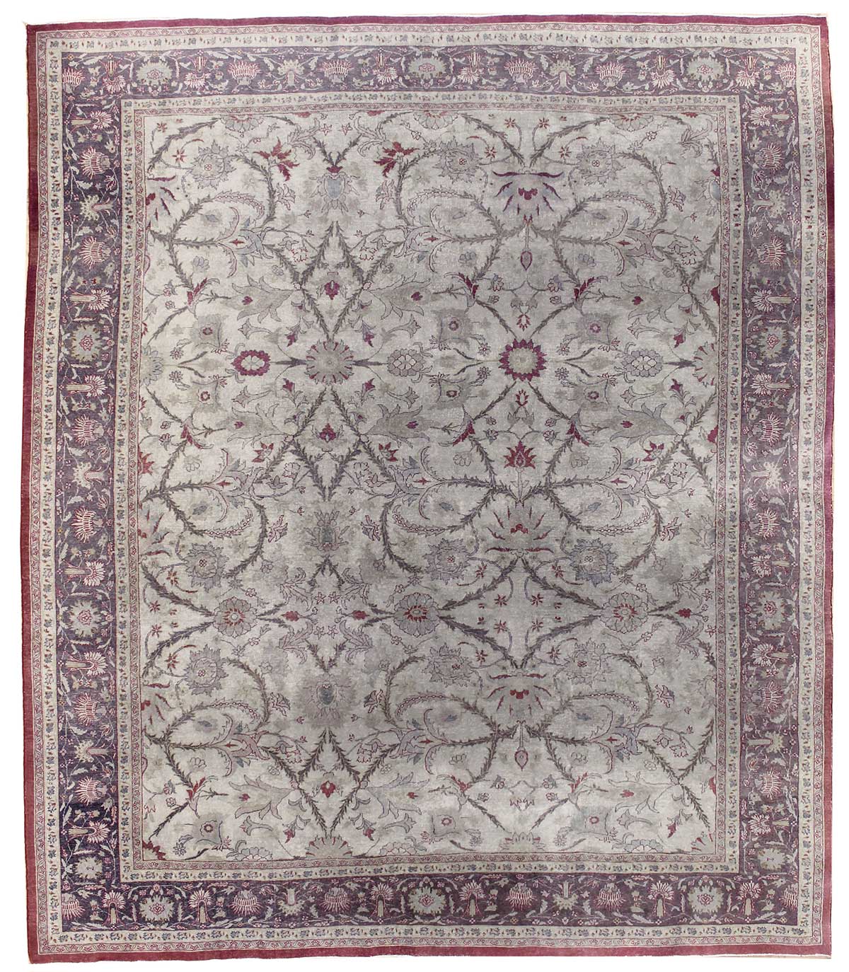 Amritsar Handwoven Traditional Rug J47476: Beige & burgundy floral design, handwoven in Amritsar.