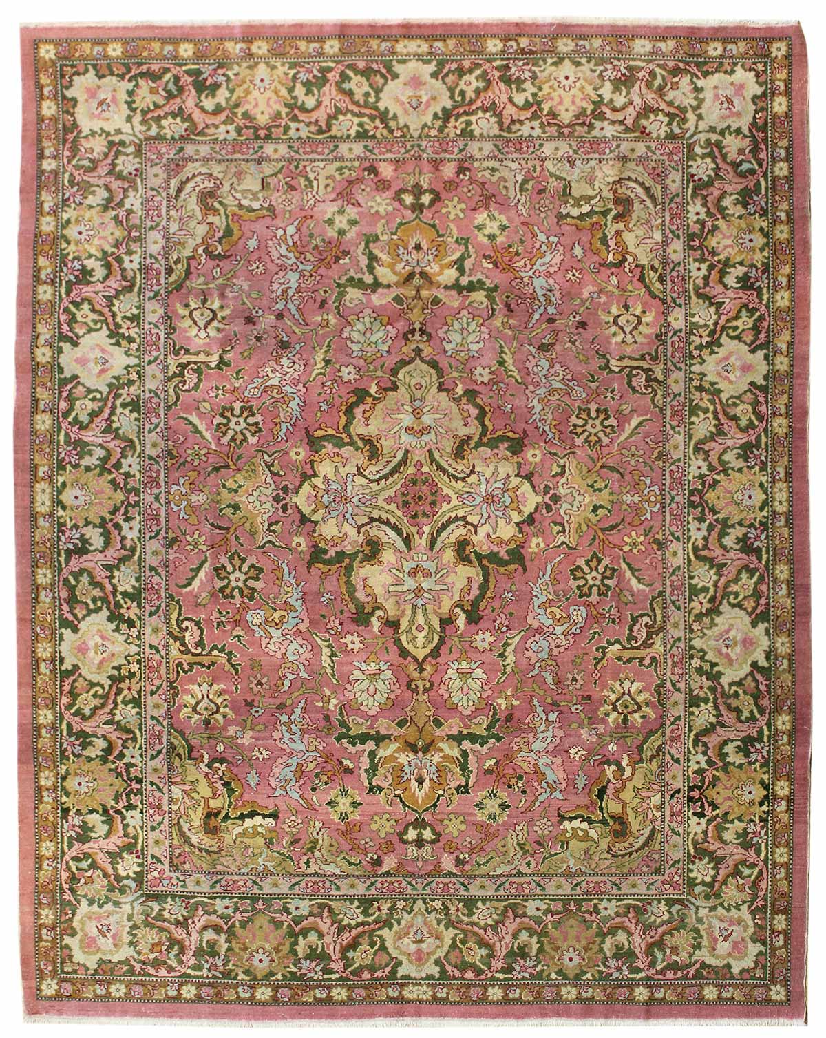 Antique Amritsar handwoven rug, JF6546, pink & green floral design.