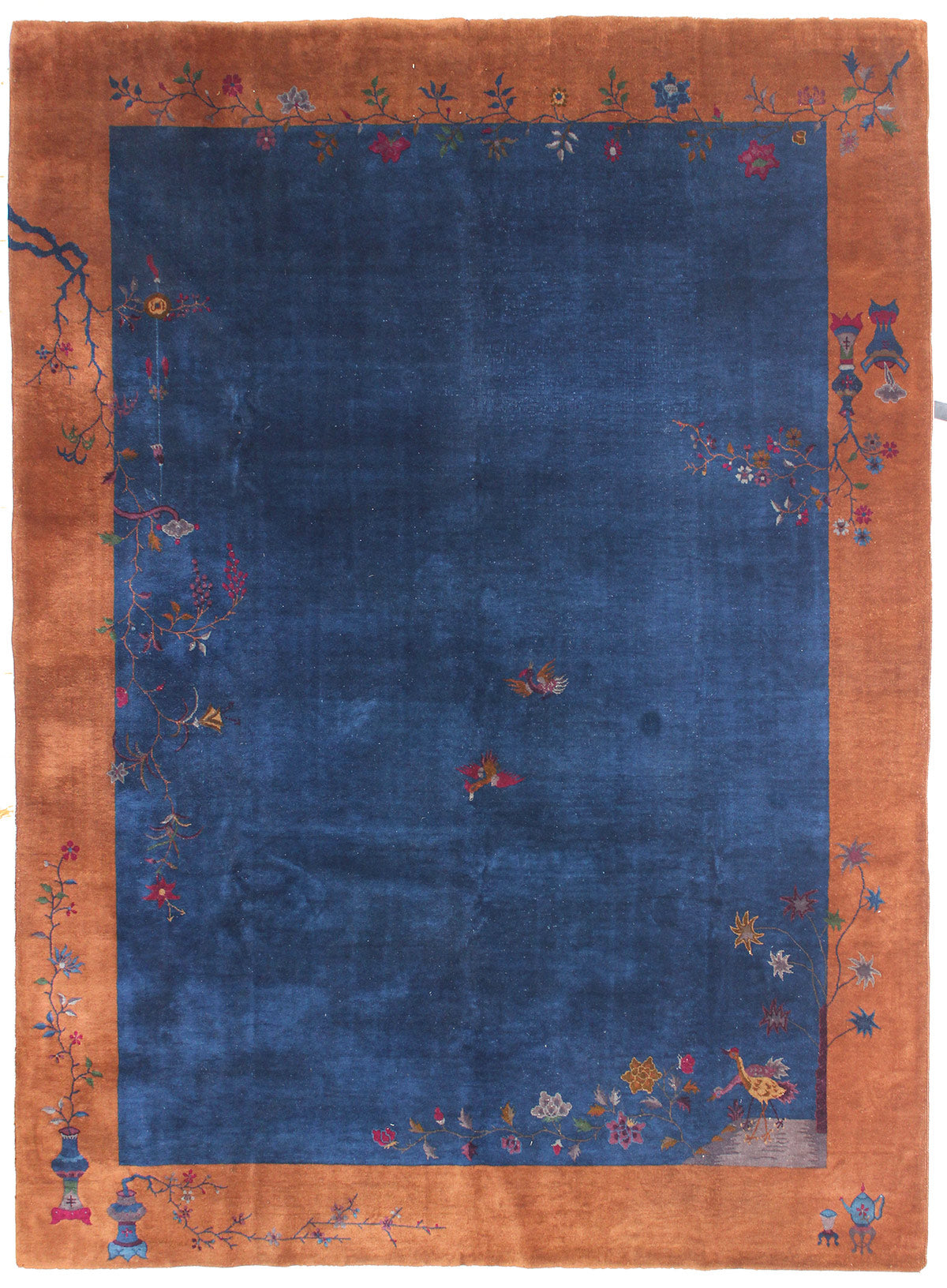 Antique Art Deco handwoven rug, JF6107: deep blue with orange border, floral & bird motifs.