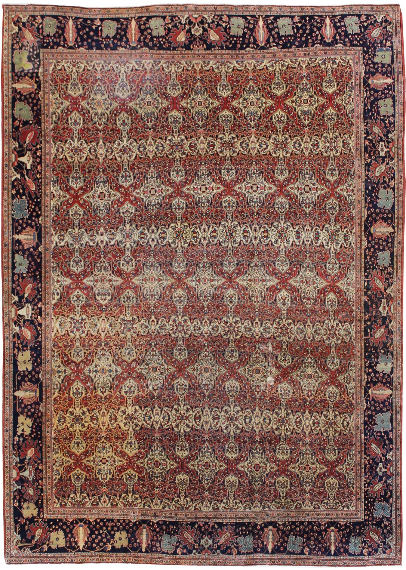 Antique Ferahan Sarouk handwoven rug, red & ivory floral pattern, traditional design.
