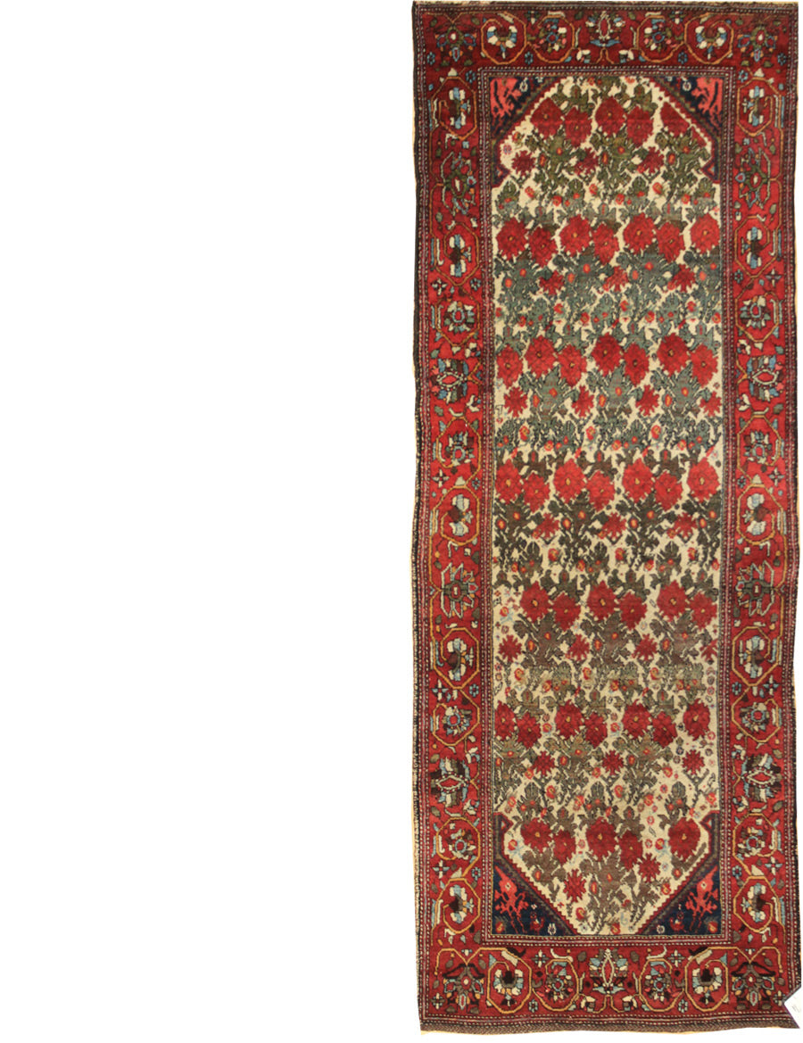 Antique Hamadan rug, JF4606, handwoven traditional design with red and cream floral pattern.