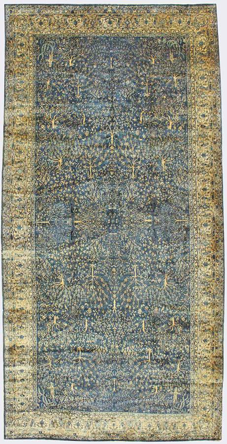 Antique Laristan handwoven rug J29826: Teal & gold, traditional tree-of-life pattern.
