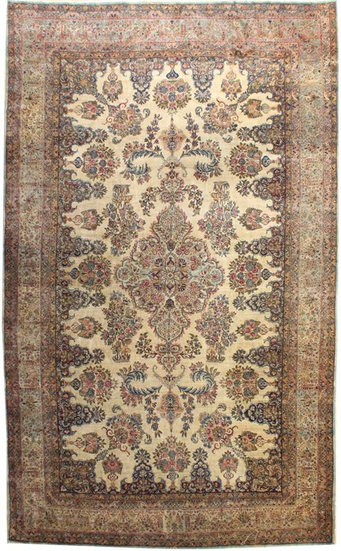 Antique Lavar Kerman handwoven rug, JF4839: cream base, intricate floral design, traditional style.