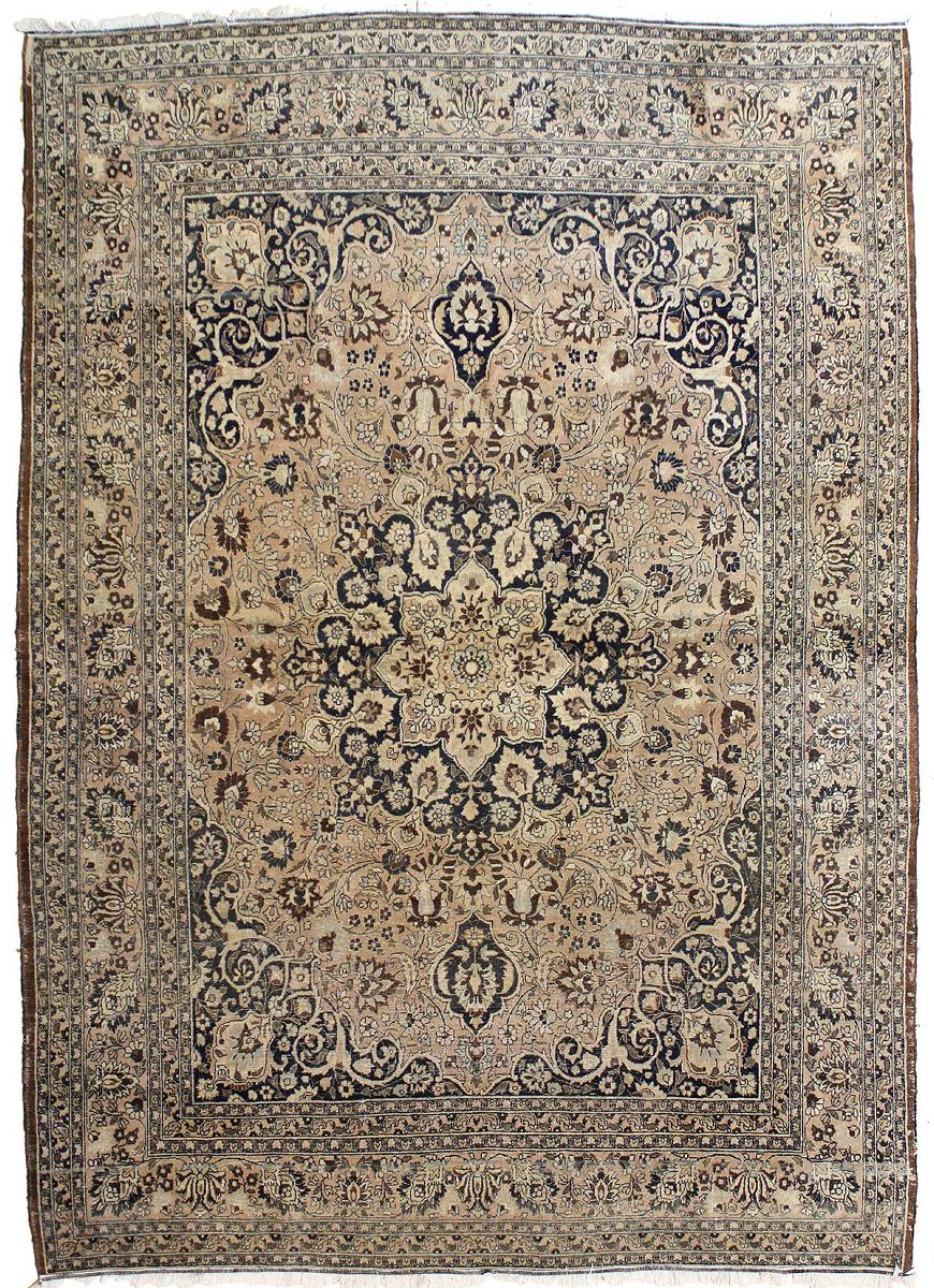 Antique Mashad Handwoven Rug JF5199: Beige & dark brown floral design, traditional pattern.