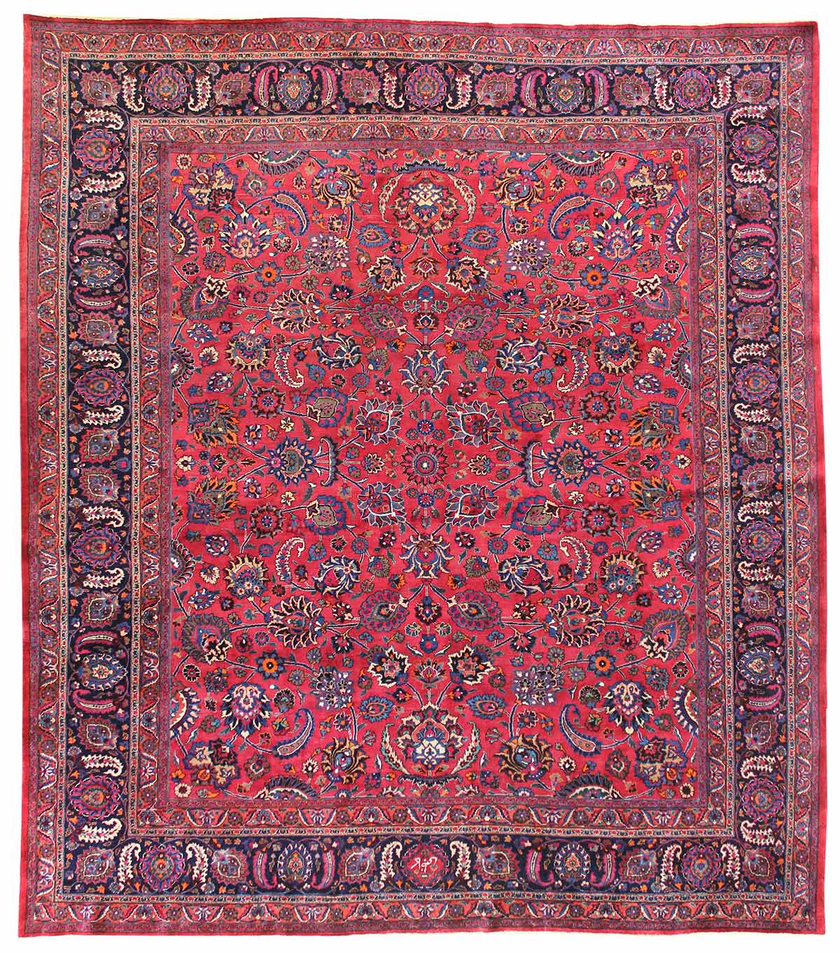 Antique Mashad Handwoven Traditional Rug JF6383: Red, intricate floral pattern, detailed border.