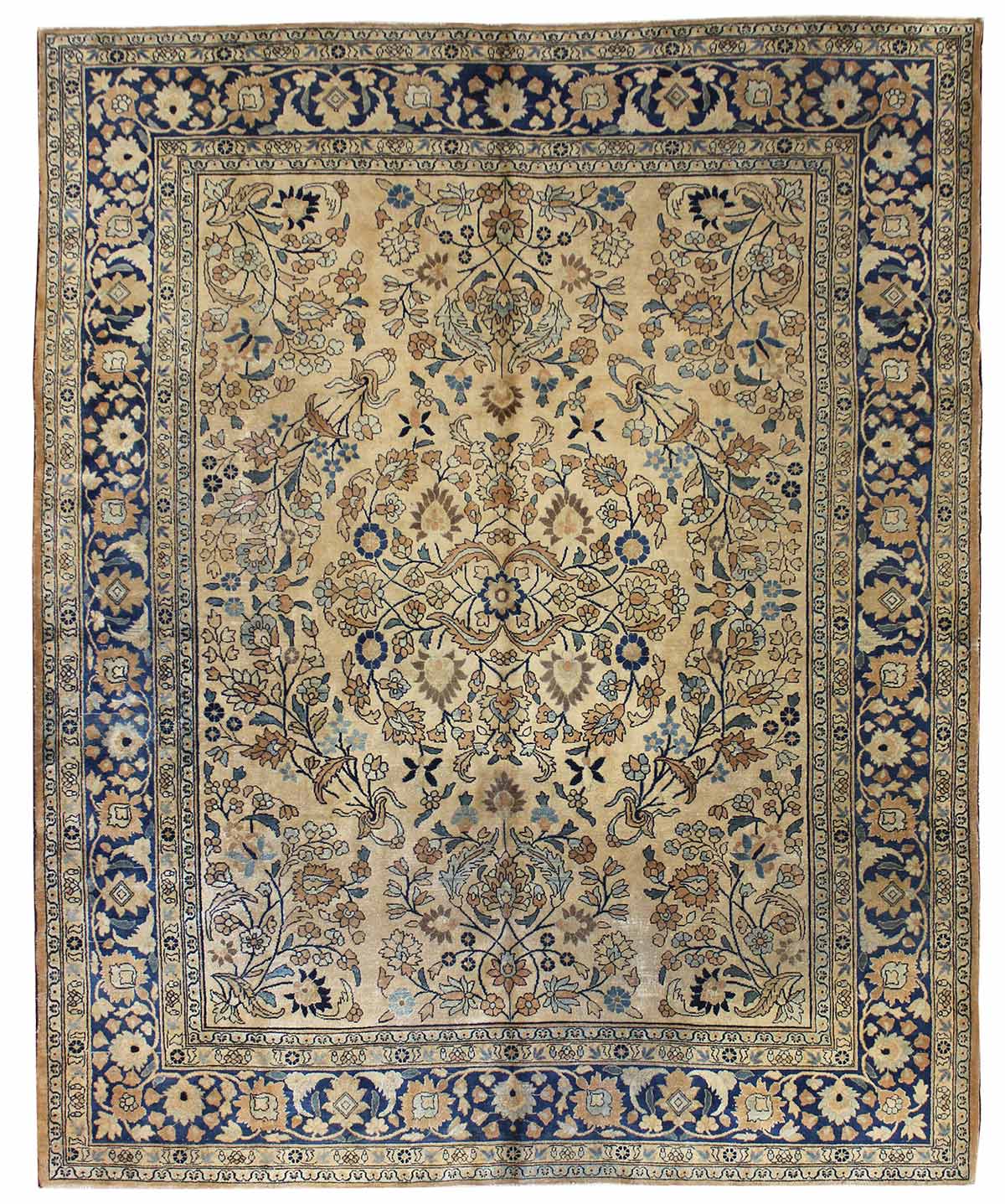 Antique Mashad Handwoven Rug JF6860: Beige floral design, navy border, traditional style.
