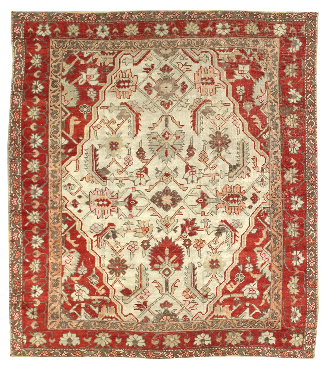 Antique Oushak handwoven rug, JF7112: traditional design, red and ivory tones.