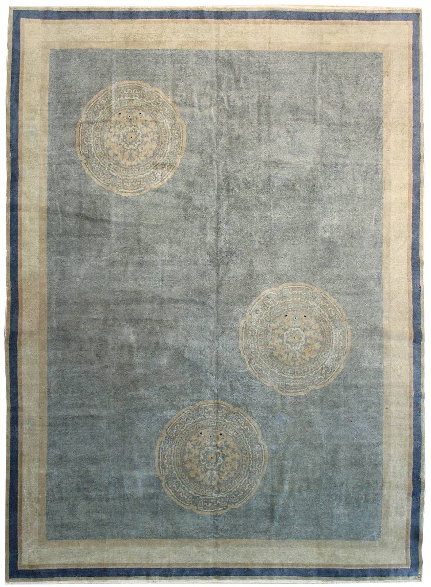 Antique Peking Handwoven Traditional Rug JF5682: Gray, beige, blue; circular patterns.