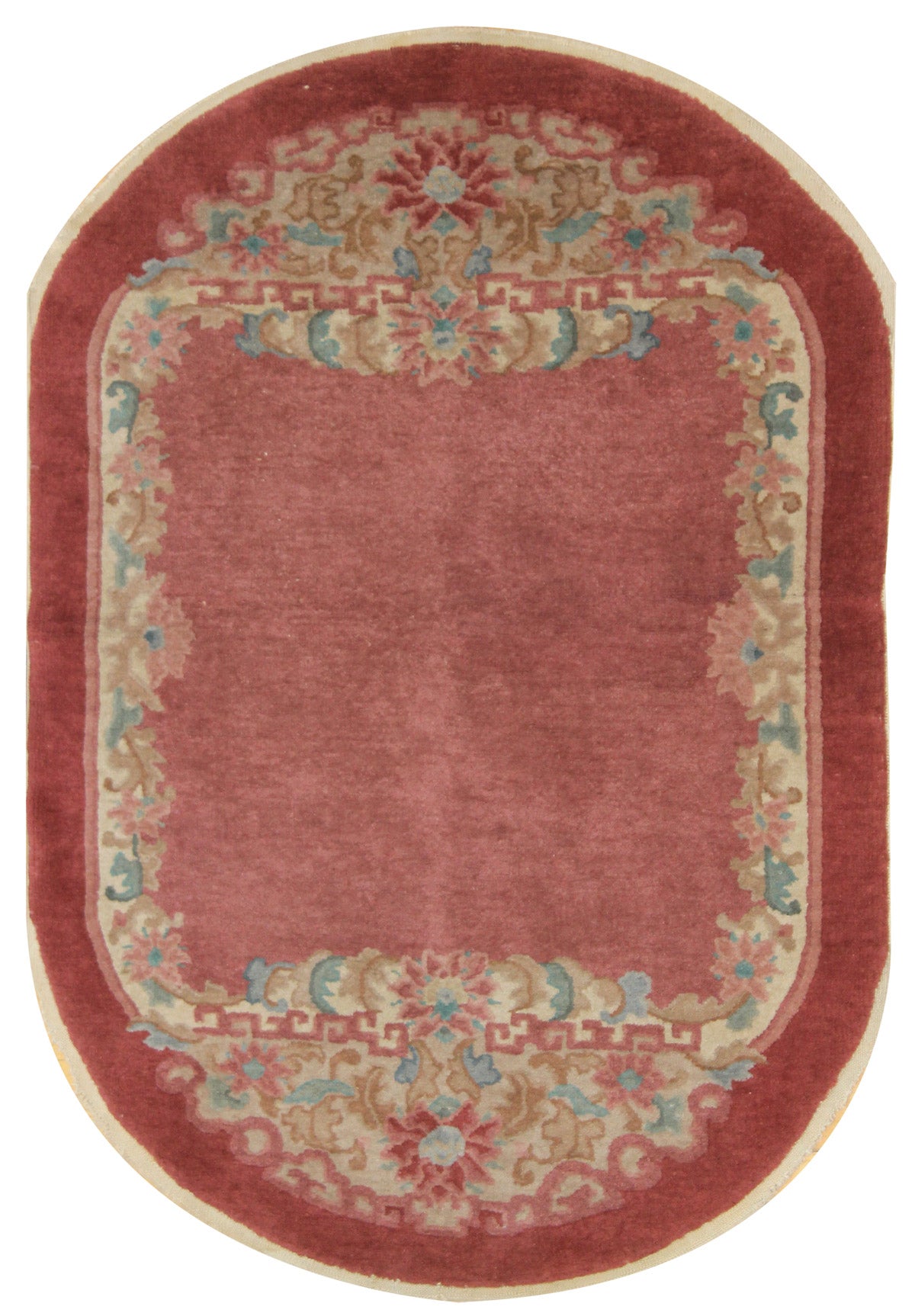Antique Peking handwoven rug, JF6834, oval, rose-toned with floral border