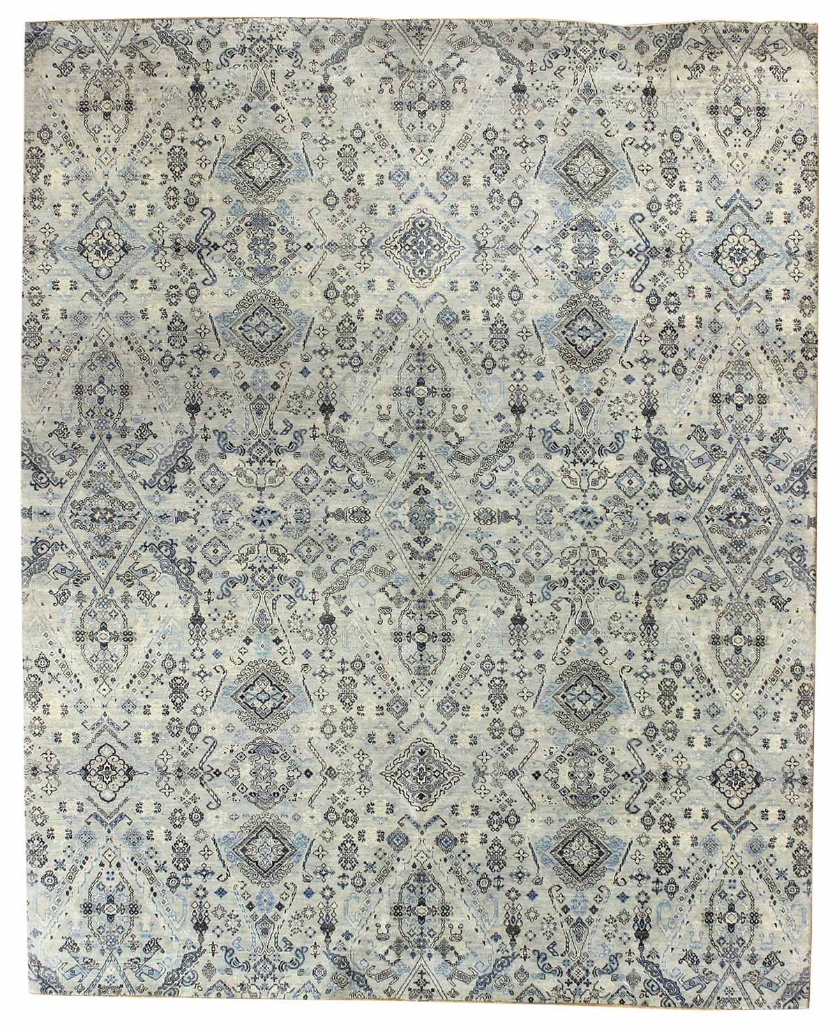 Advent Handwoven Transitional Rug J43543: Blue, gray, and beige handwoven rug with intricate pattern.