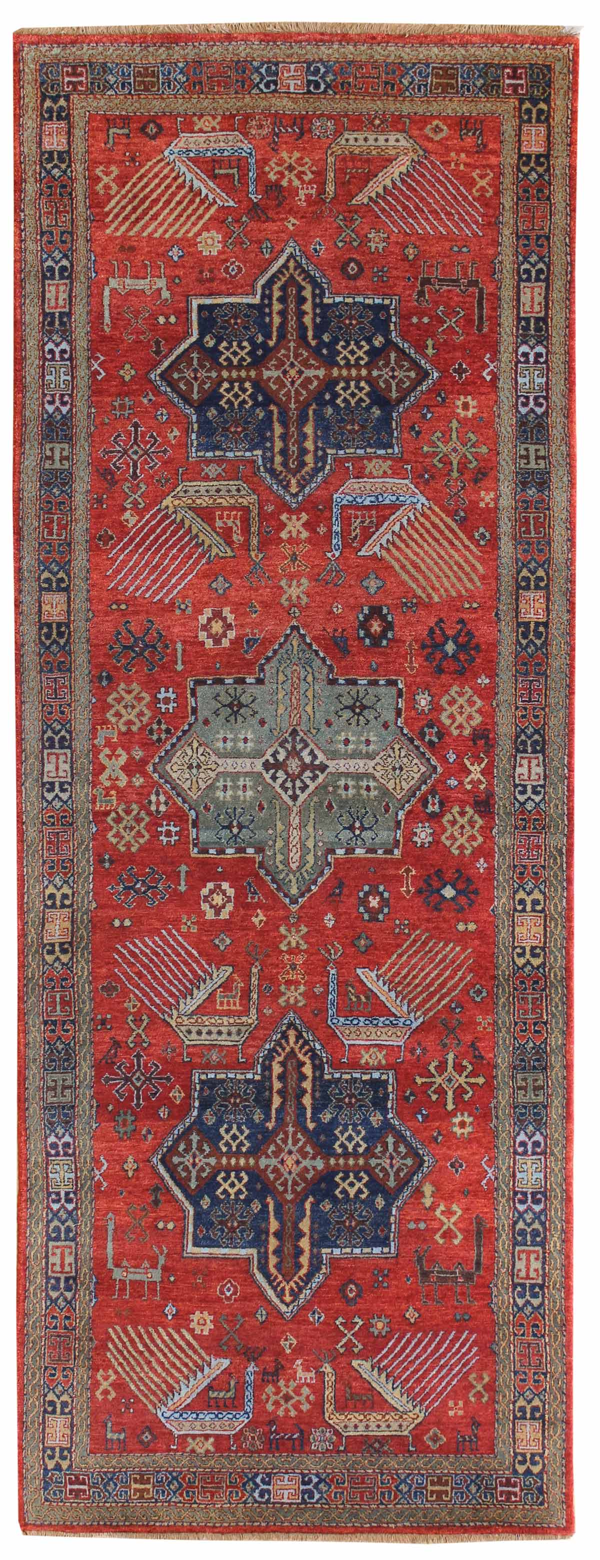 Akstafa Handwoven Tribal Rug J40499: Red, handwoven rug with intricate tribal designs in navy, beige, and green.