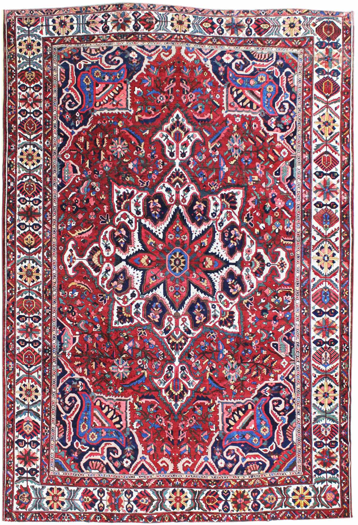 Antique Bakhtiari handwoven tribal rug JF5971: Red, blue, and ivory floral design, intricate detailing.