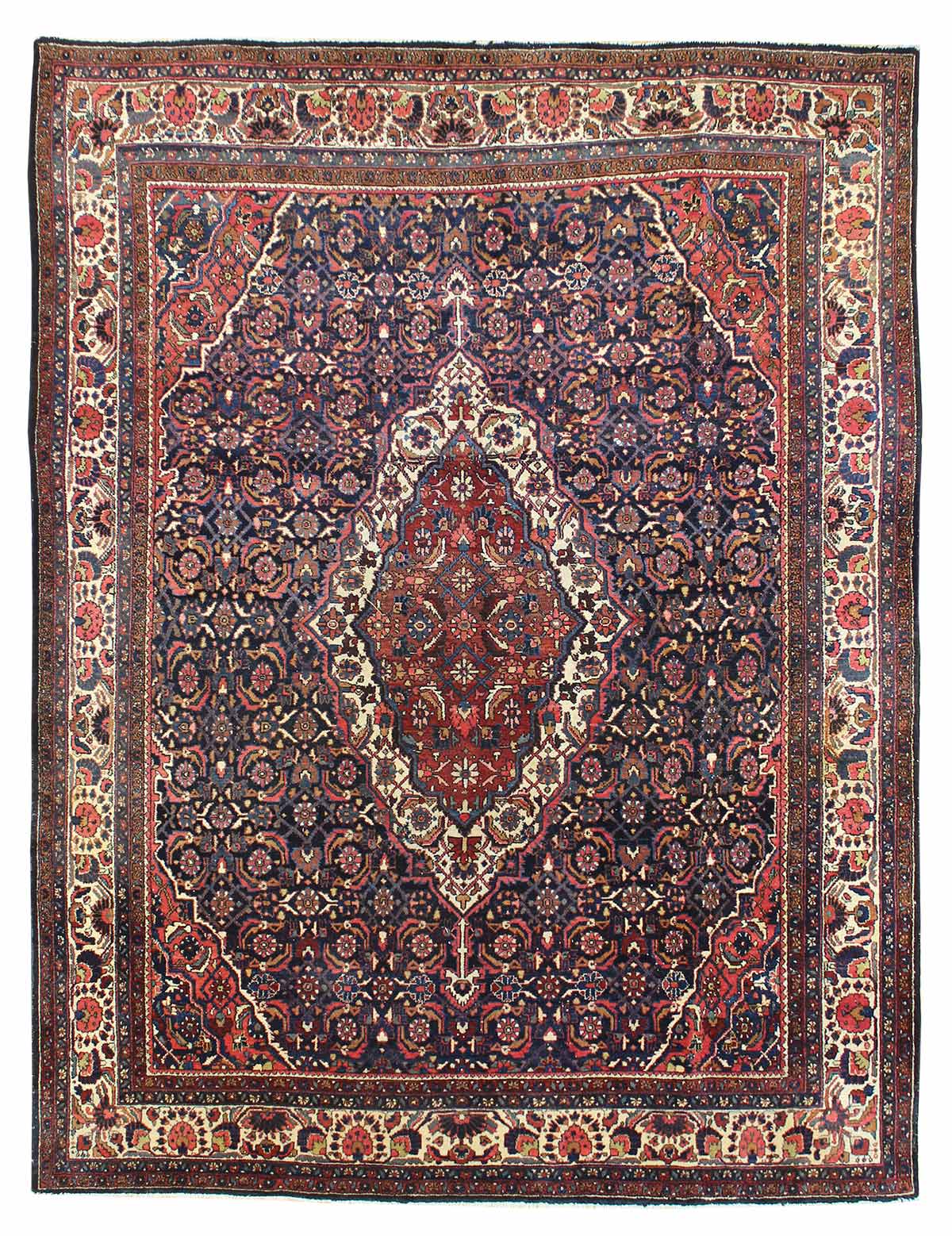 Antique Bibikabad Handwoven Tribal Rug 50677: richly detailed, dark navy rug with intricate floral & medallion patterns.