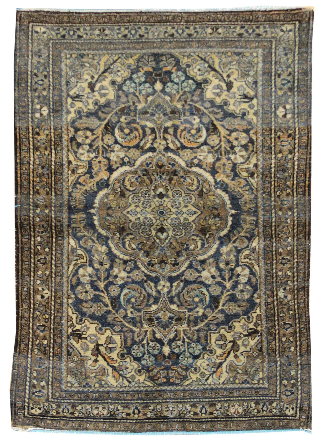 Antique Hamadan handwoven tribal rug JF7107: intricate floral design, deep blues & beige tones.