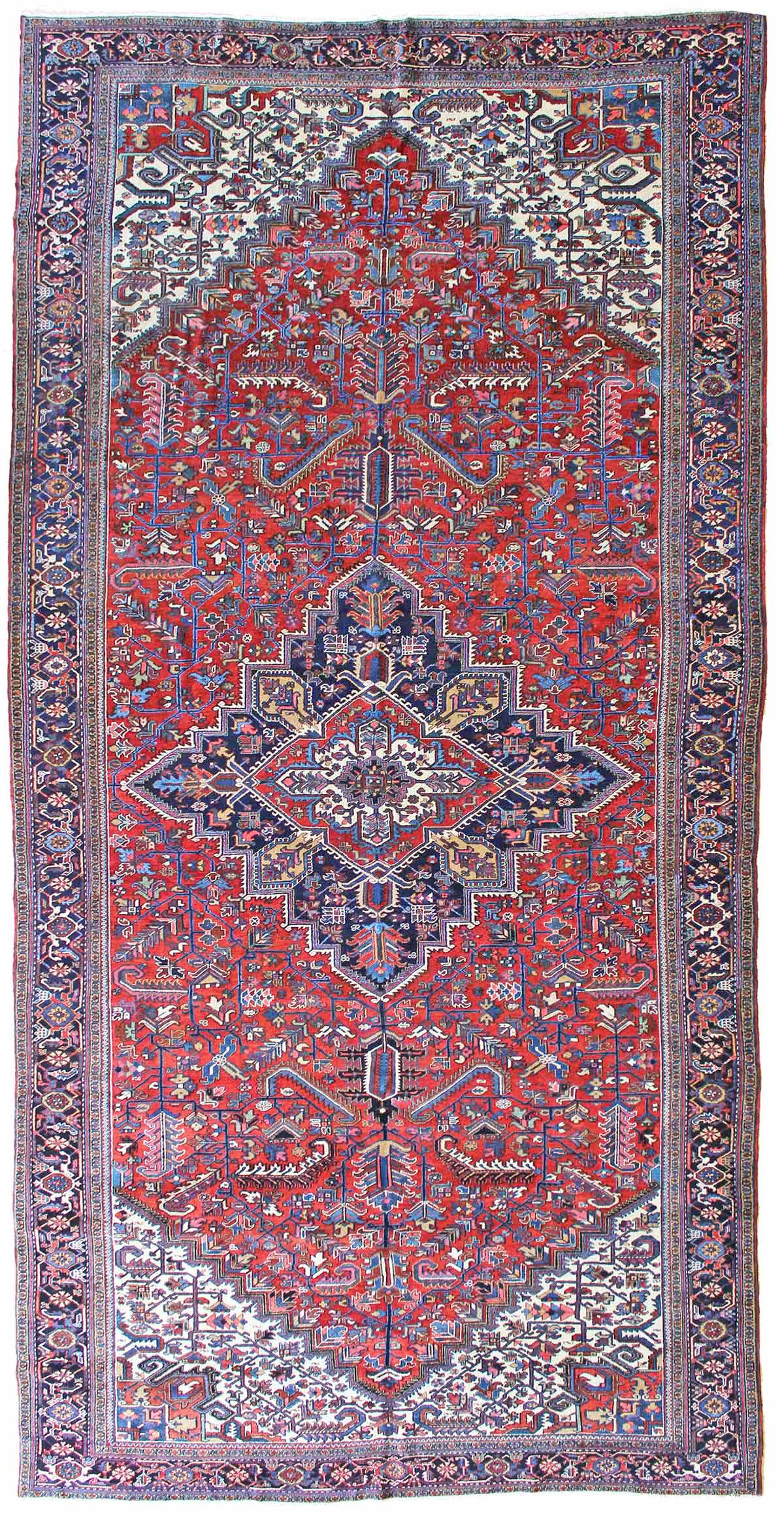 Antique Heriz handwoven tribal rug, 38385: red, blue, ivory, detailed design.