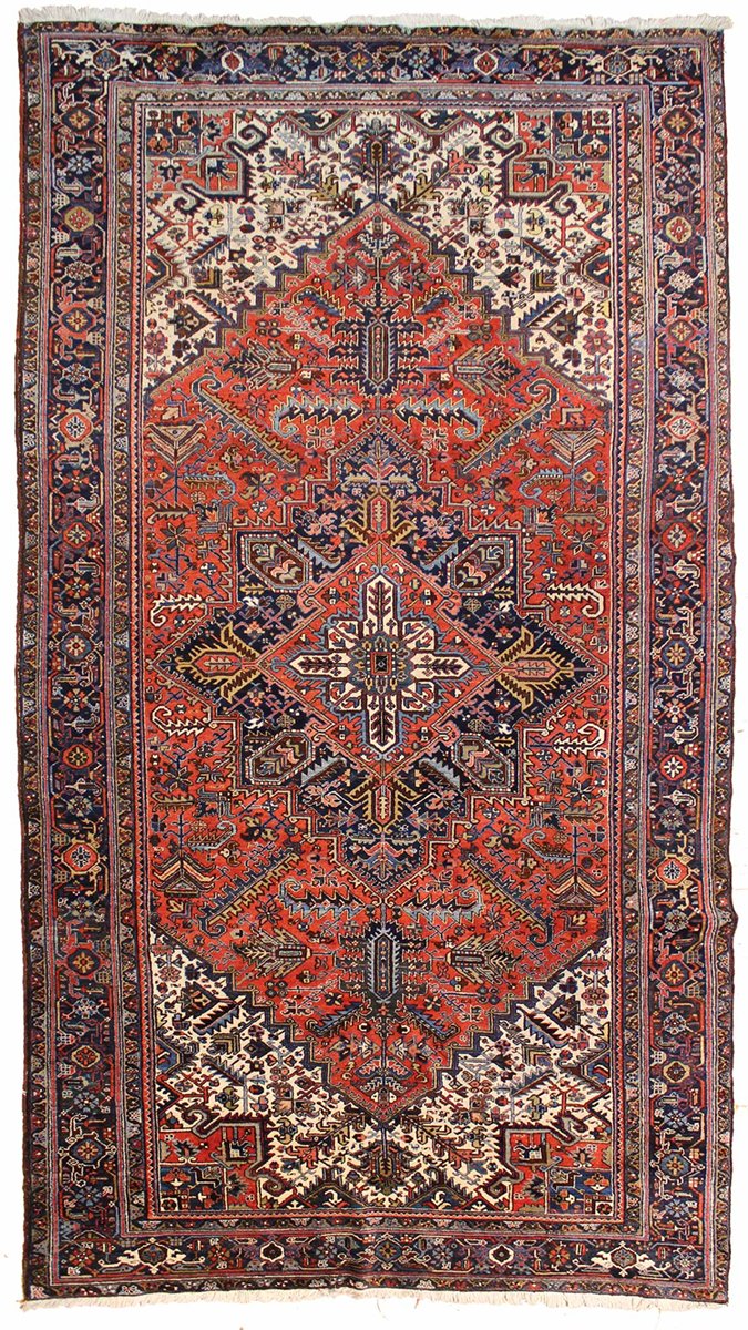 Antique Heriz handwoven tribal rug JF5833: red, ivory, navy wool; intricate medallion design.
