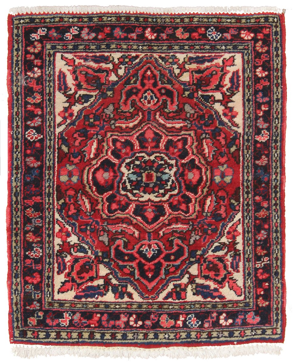 Antique Heriz handwoven tribal rug JF5916: Red, ivory, navy floral medallion design.