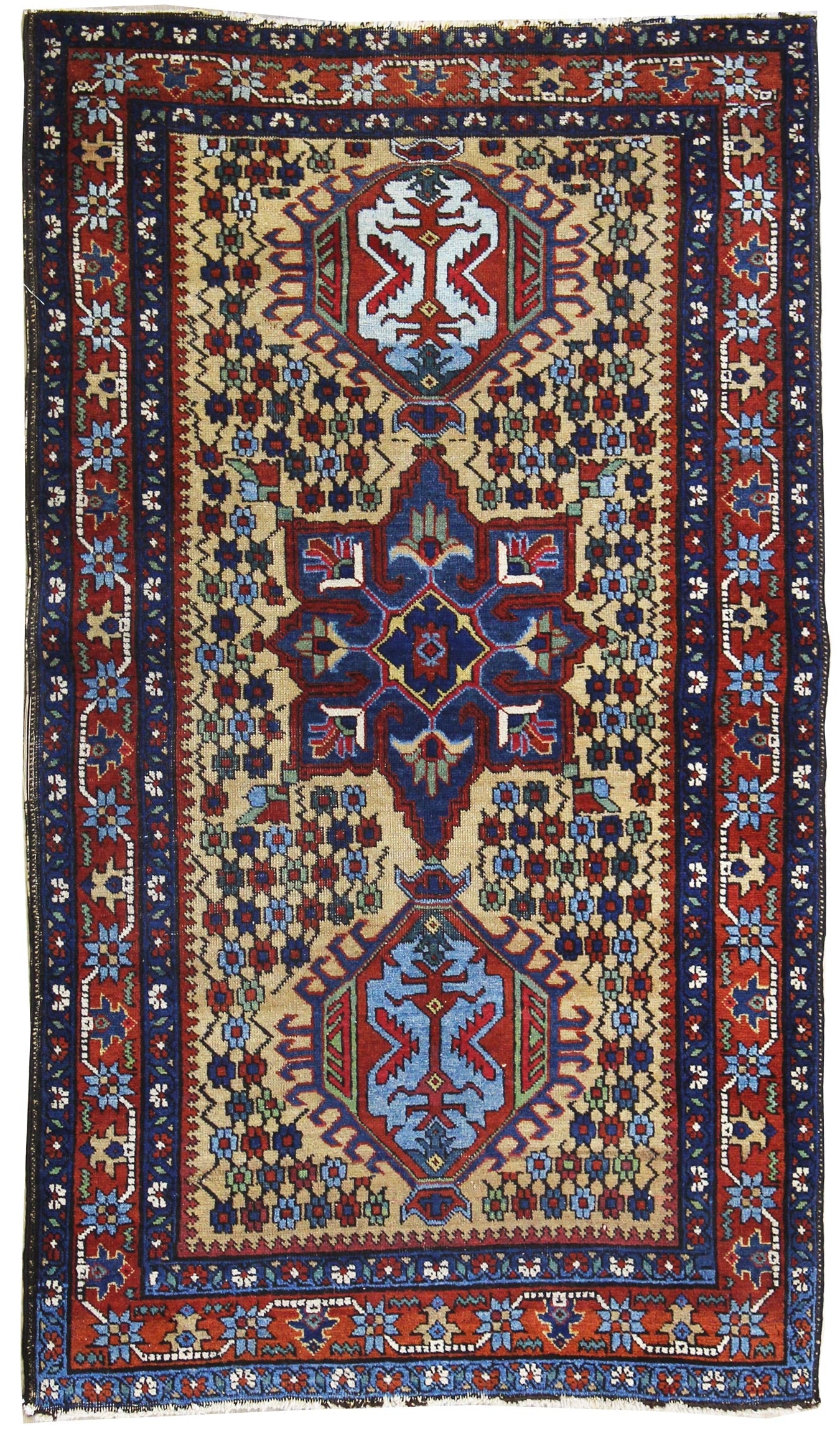 Antique Heriz handwoven tribal rug, JF7795: vibrant floral & geometric design, blue, red, beige.