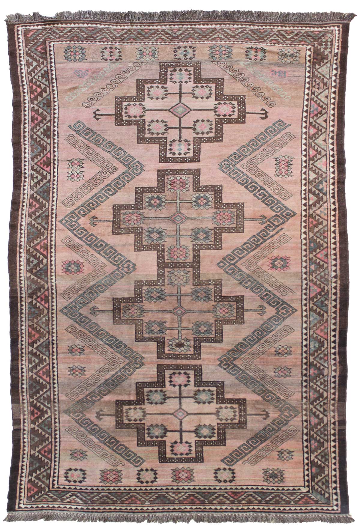 Antique Kurdish handwoven tribal rug, JF6929, pink and brown geometric design.