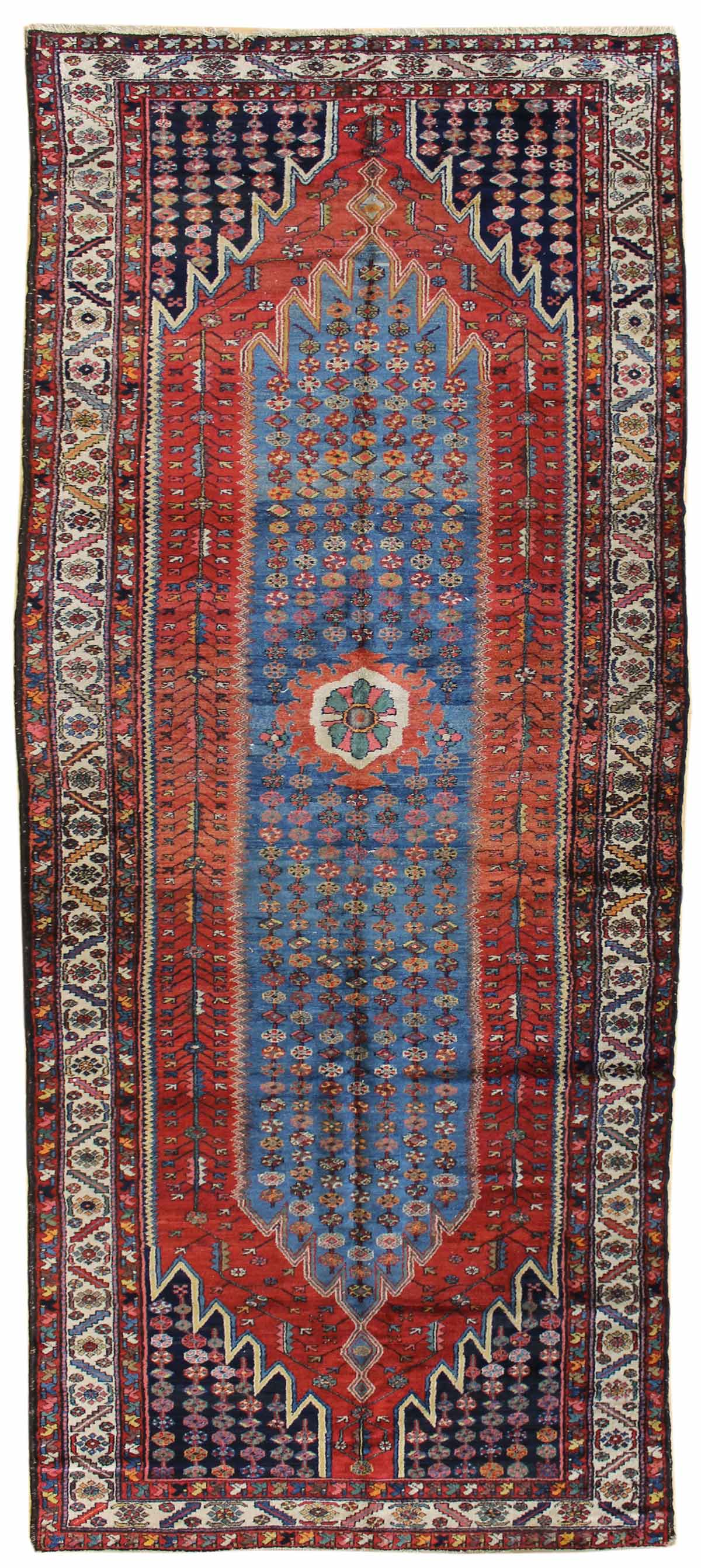 Antique Mazlaghan handwoven tribal rug JF6611: red, blue, detailed floral pattern, intricate border.