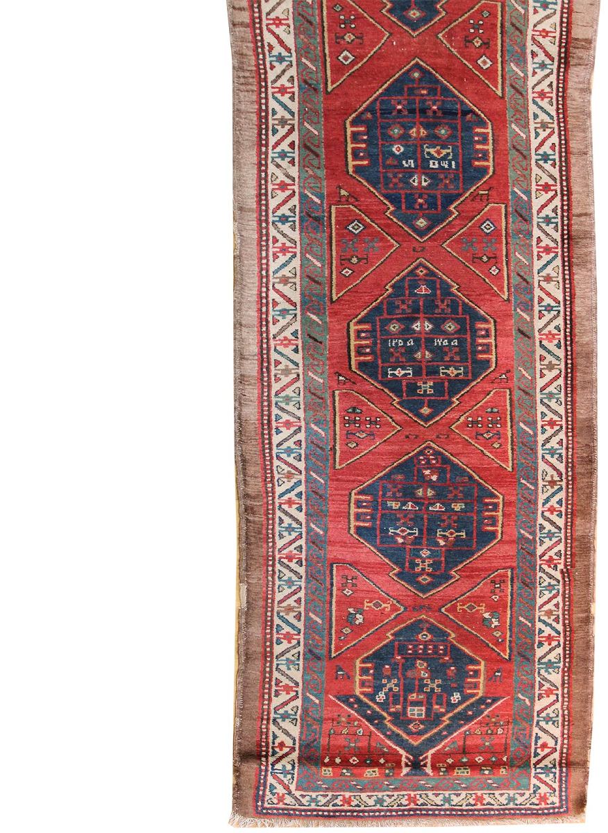 Antique NW Persian handwoven tribal runner rug, JF4424, red and blue geometric pattern.