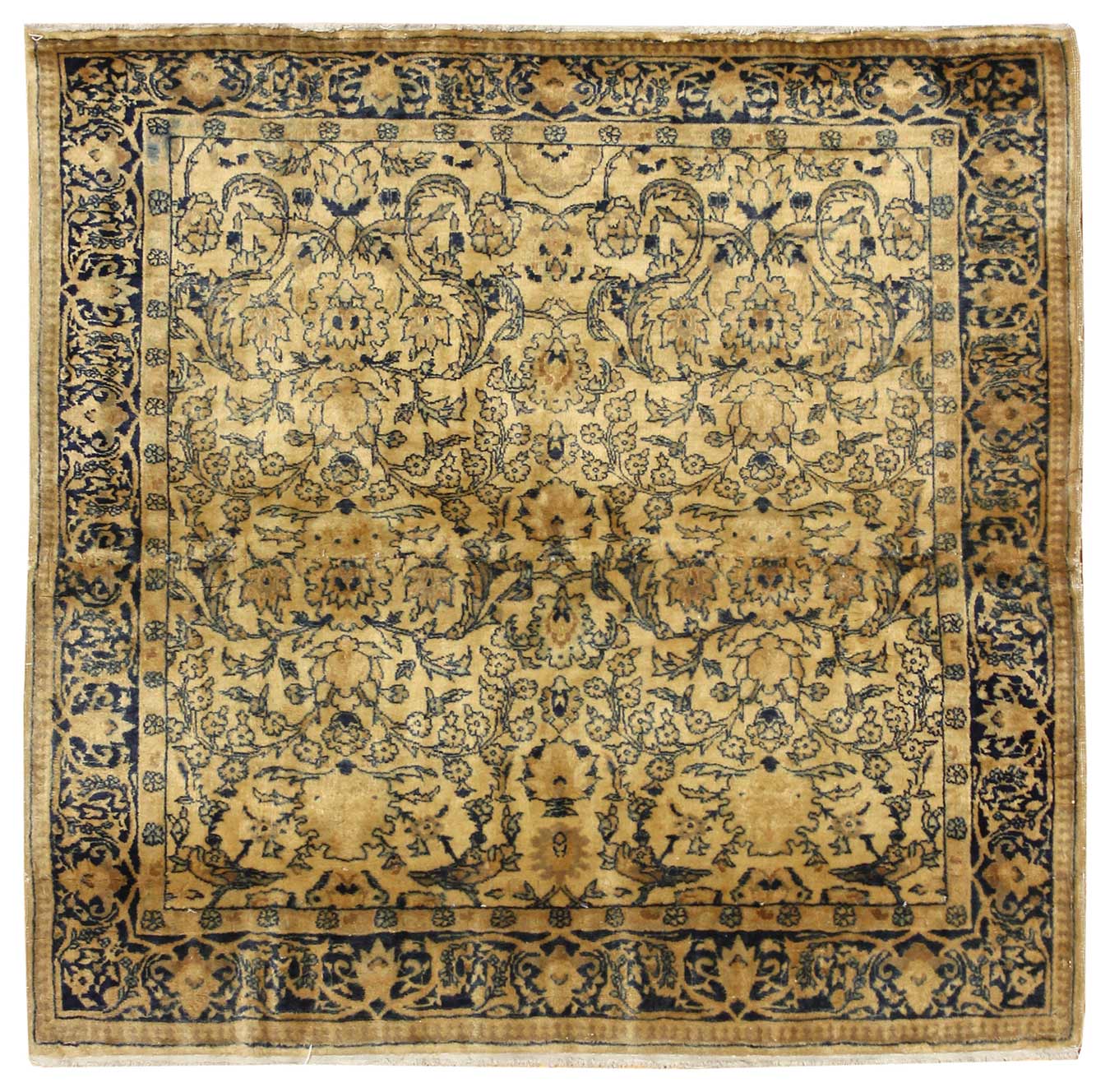 Antique Agra handwoven rug, JF7757, beige and navy floral design.