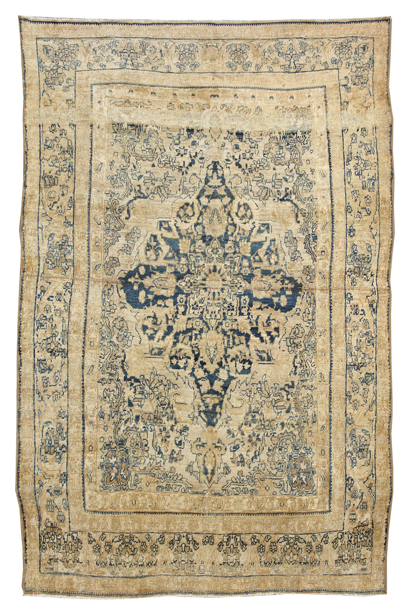 Antique Lavar Kerman rug, JF7931: Handwoven traditional rug in beige and blue, intricate design.