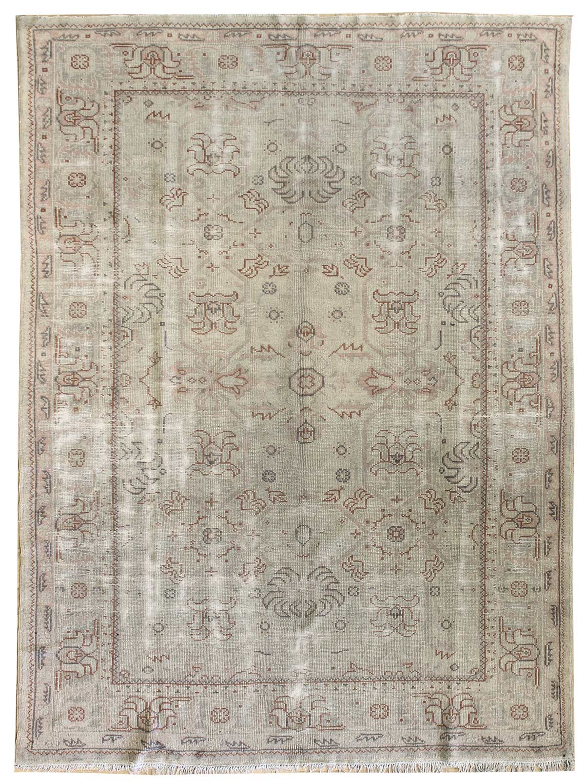 Antique Oushak Transitional Rug JF6727: Light beige, intricate design, red accents, hand-knotted.