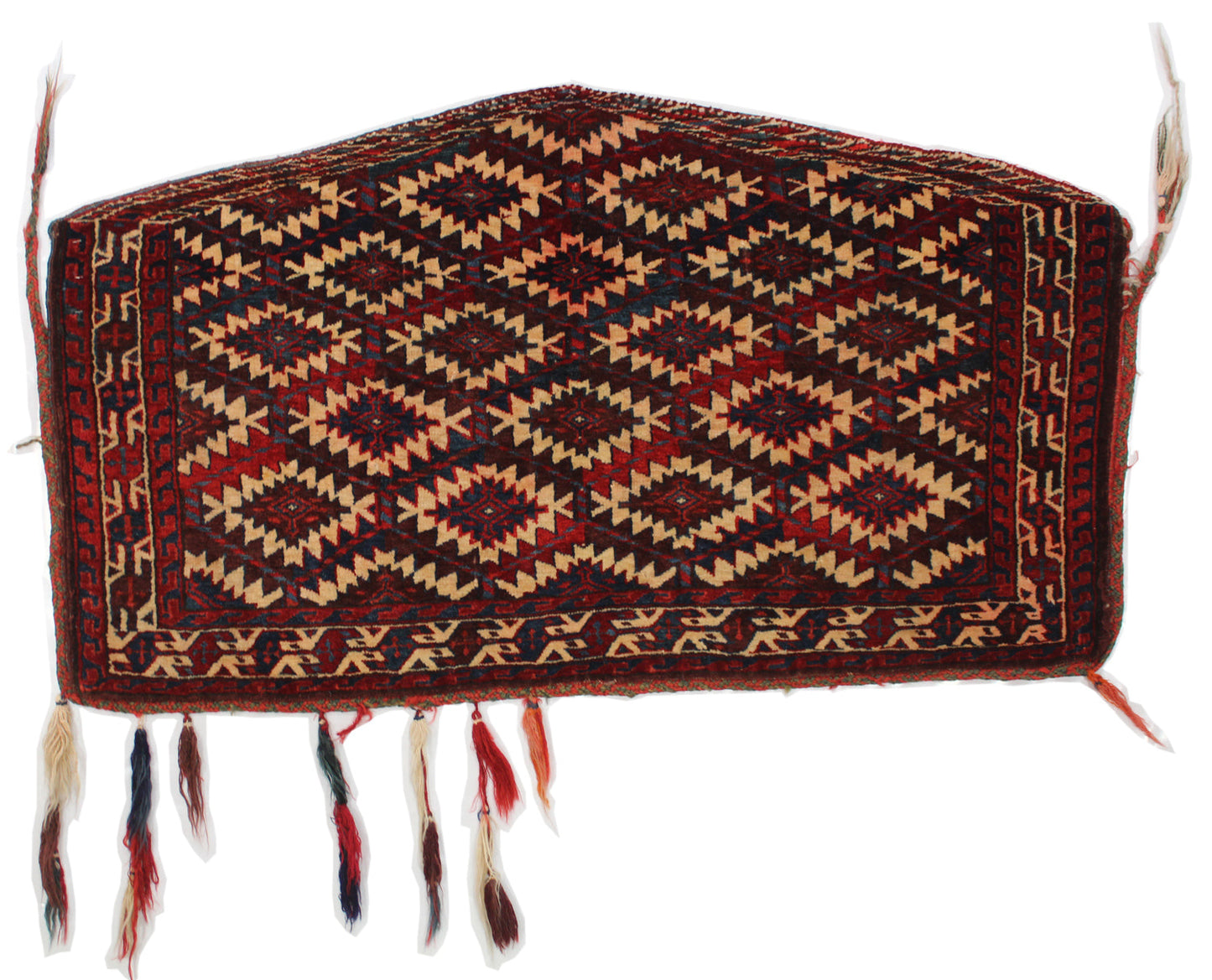 Antique Asmalyk Handwoven Tribal Rug J63323: Red, blue, and beige geometric pattern, fringed edges.