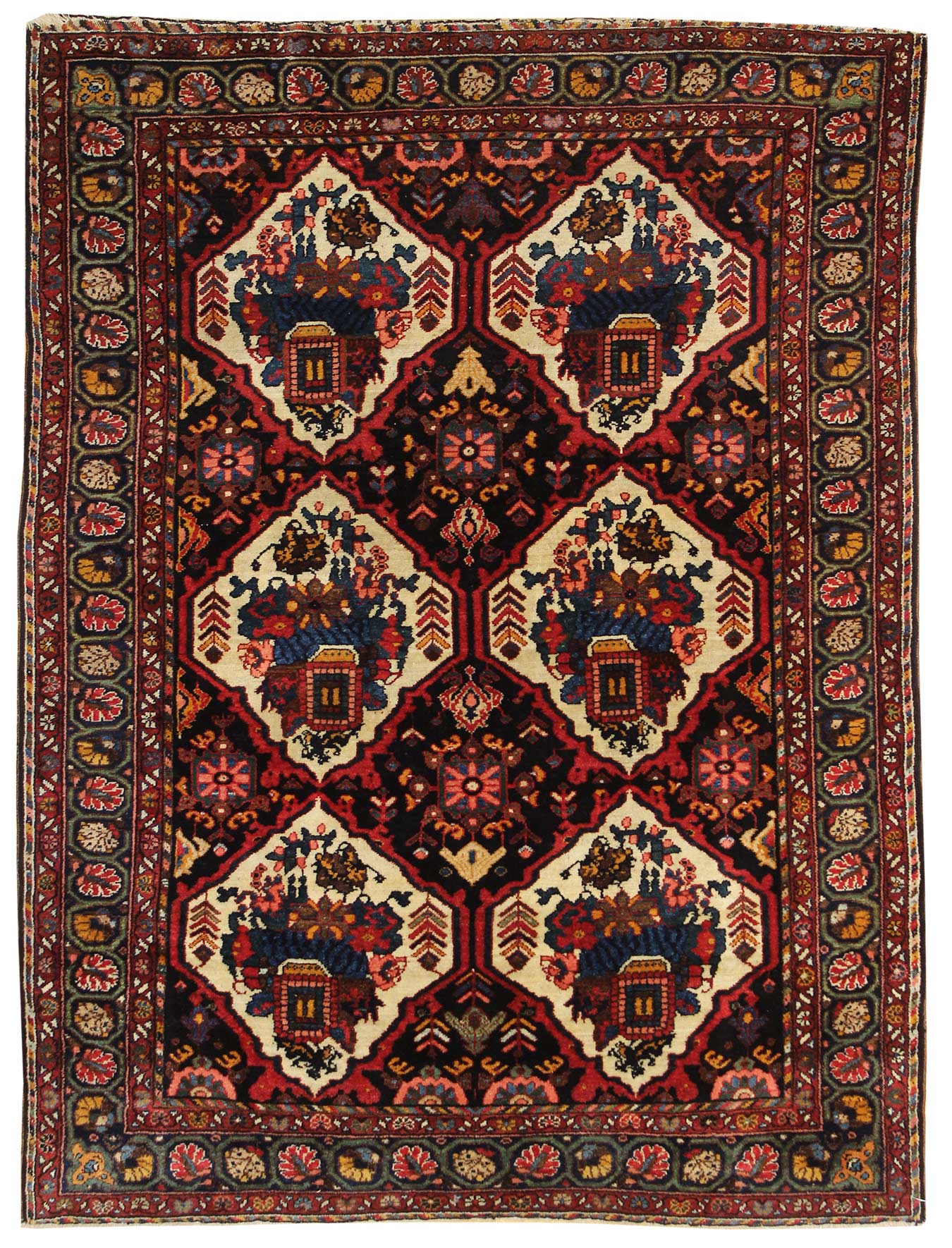 Antique Bakhtiari rug JF7780: Handwoven tribal rug with intricate floral & geometric patterns in rich reds, blues, and creams.