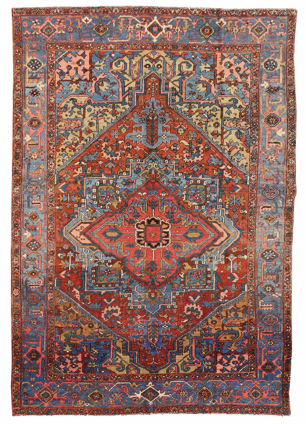 Antique Heriz handwoven tribal rug JF6741: Red, blue, ivory, intricate design.