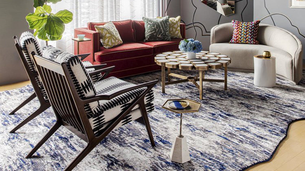 Stunning Room Inspiration from Landry and Acari with Blue and Gray Custom Modern Rug and Designer Furniture