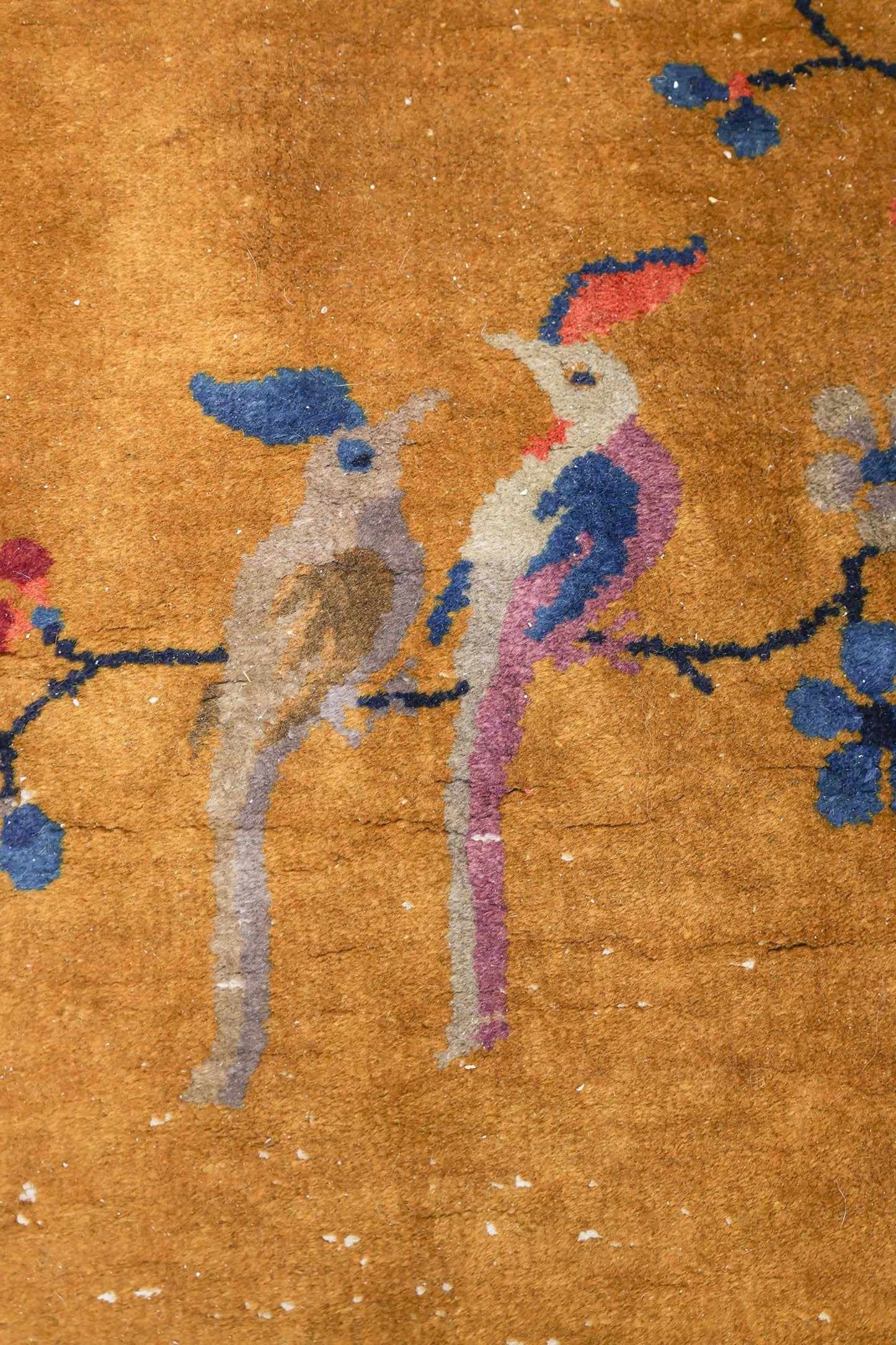 Detail of an antique rug featuring handwoven birds on a gold background.
