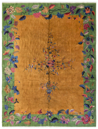 Antique Art Deco handwoven rug, J75392: gold field, green border, floral & bird design.
