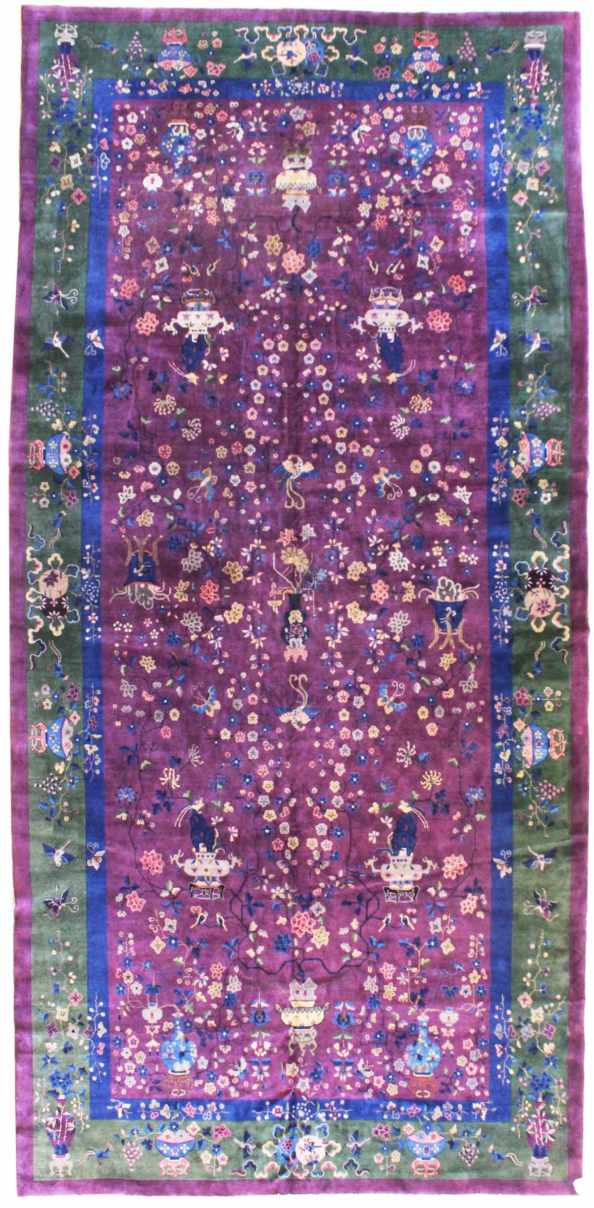 Antique Art Deco handwoven rug, JF4139, purple floral design, blue & green border.

