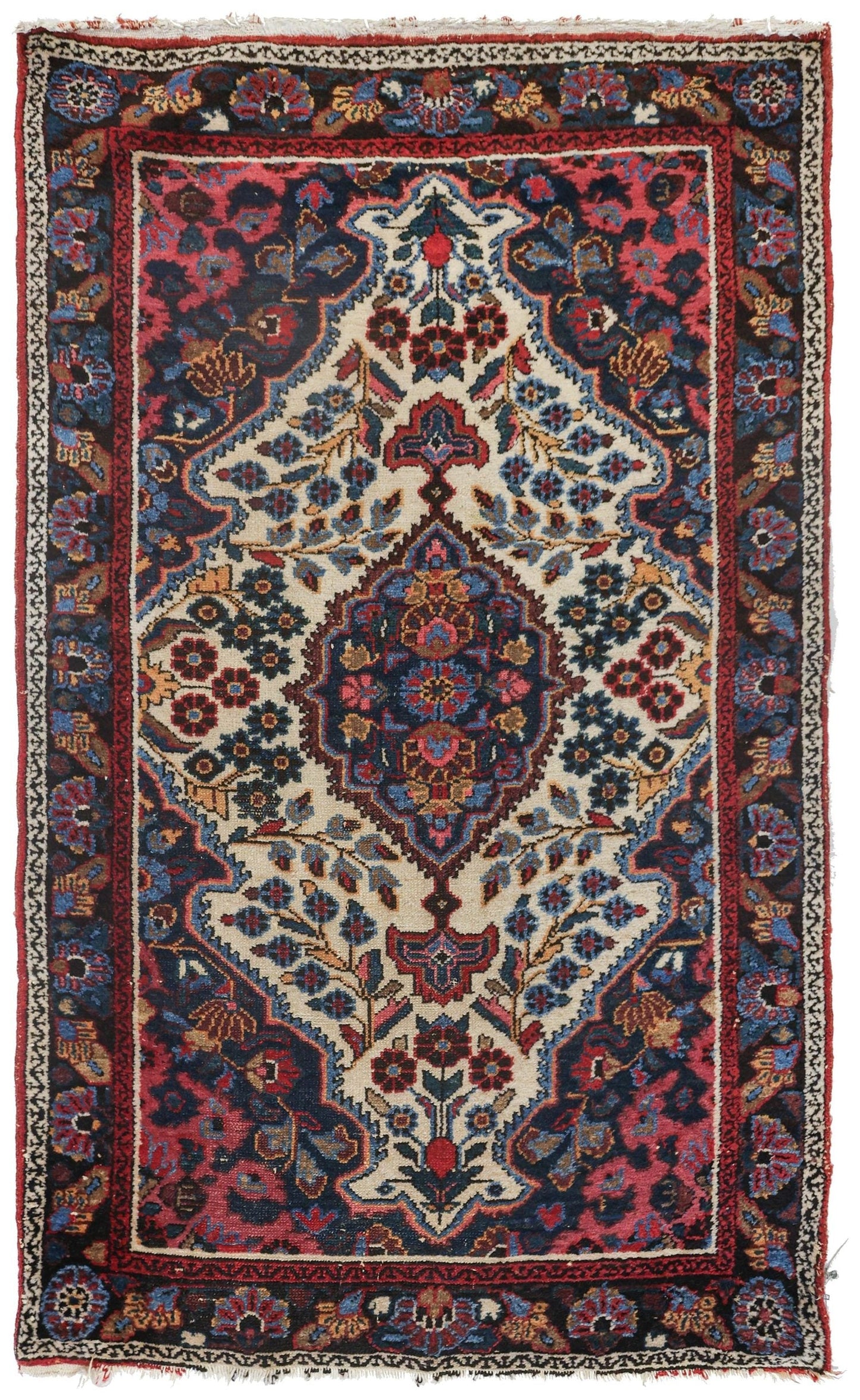 Antique Dargazine handwoven rug, J73944: traditional floral design, red, blue, ivory.
