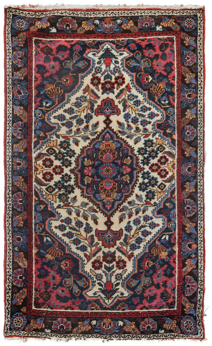 Antique Dargazine handwoven rug, J73944: traditional floral design, red, blue, ivory.
