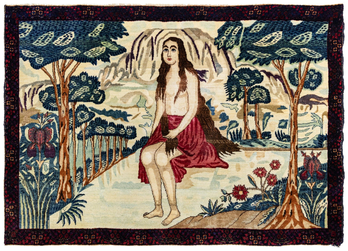 Antique Kerman Pictorial Handwoven Traditional Rug