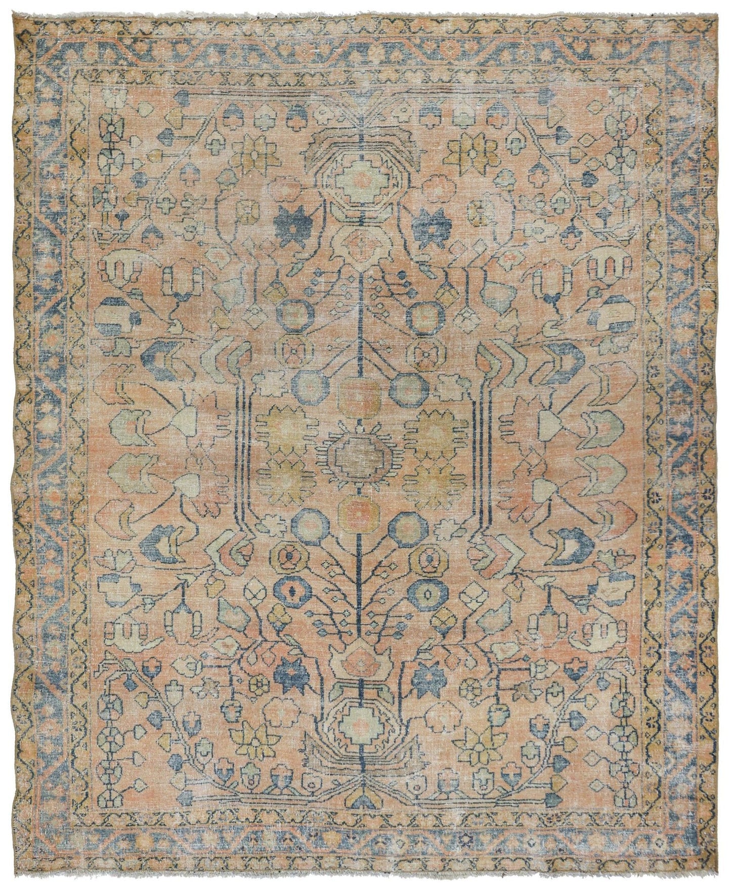 Antique Lilihan Handwoven Traditional Rug J66410: Peach & blue floral pattern, intricate design.
