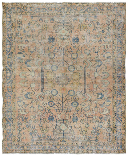 Antique Lilihan Handwoven Traditional Rug J66410: Peach & blue floral pattern, intricate design.
