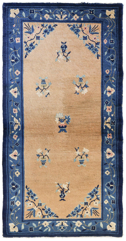 Antique Peking handwoven rug, JF8679, beige with blue floral border.
