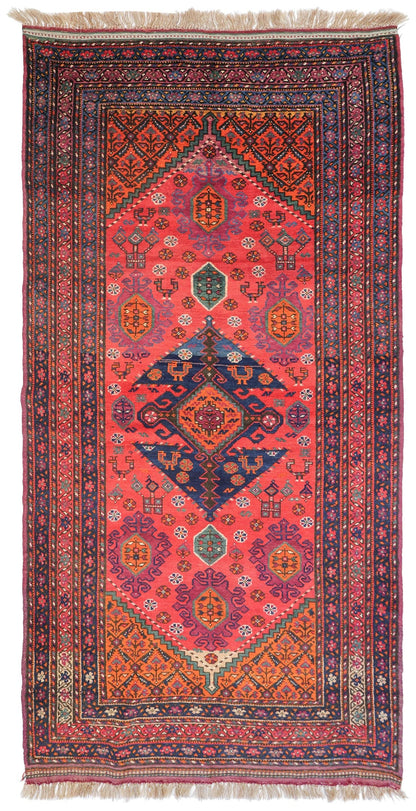 Antique Azeri handwoven tribal rug J75088: vibrant red, blue, & orange pattern, intricate detail.
