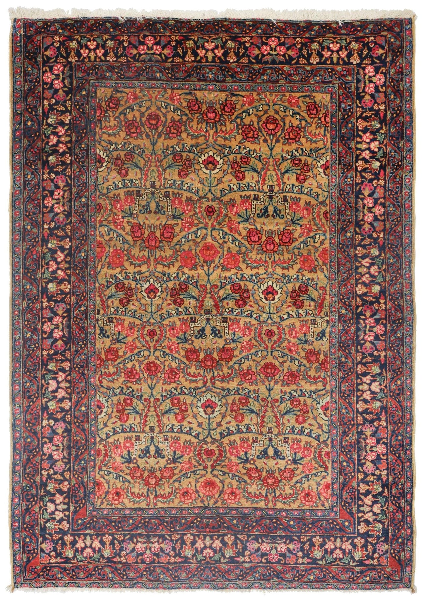Antique Bijar handwoven tribal rug J70640: floral design, beige and navy, detailed border.

