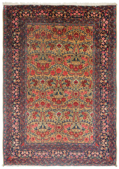 Antique Bijar handwoven tribal rug J70640: floral design, beige and navy, detailed border.
