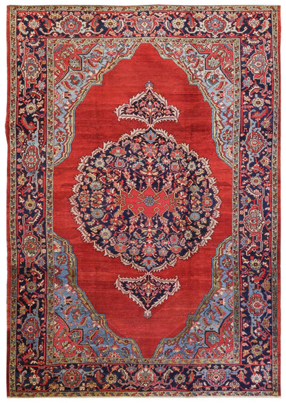 Antique Heriz handwoven tribal rug J75106: red, navy, & ivory floral medallion design.
