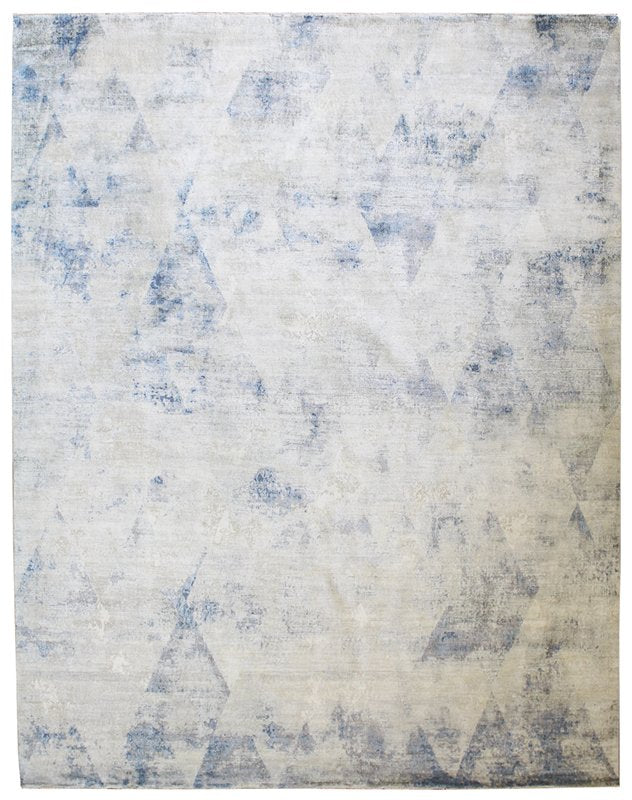 Almasi Handwoven Contemporary Rug J57201: Blue and beige geometric design, handwoven for a luxurious feel.
