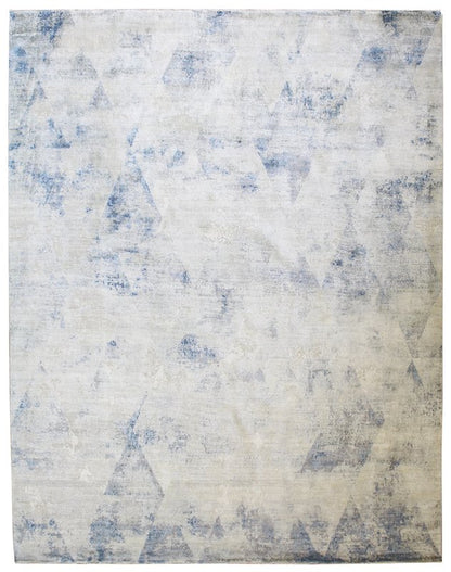 Almasi Handwoven Contemporary Rug J57201: Blue and beige geometric design, handwoven for a luxurious feel.

