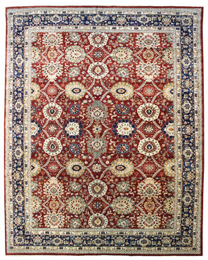 Agra Handwoven Traditional Rug J48846: Red, ivory, and blue floral pattern, handwoven detail.
