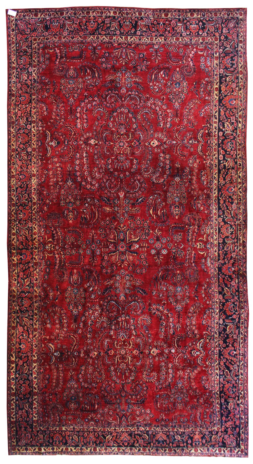 Antique Mahajaran Sarouk Handwoven Rug JF8082: Red, intricate floral pattern, traditional design.
